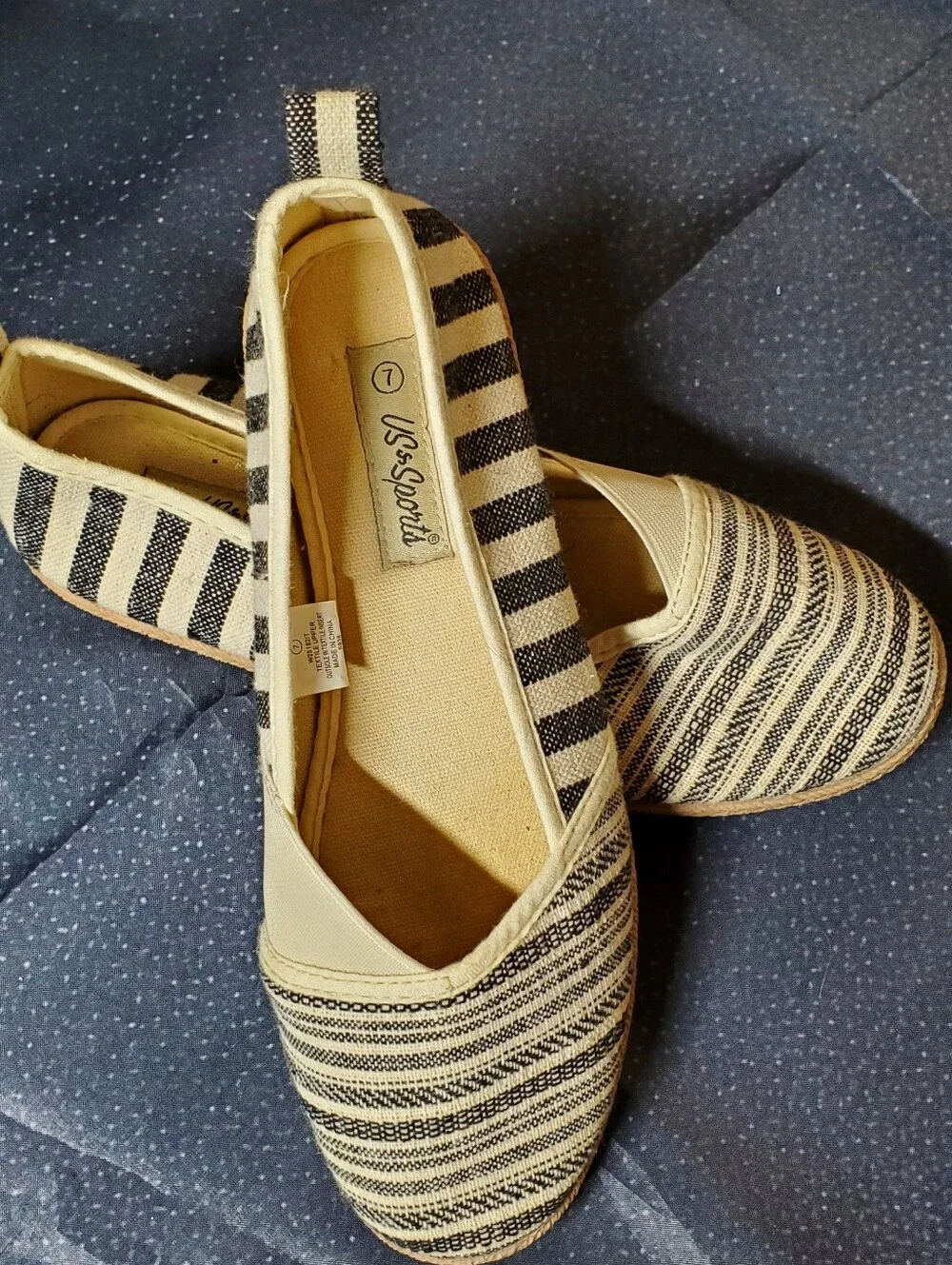 US Sports Black & Cream Striped Canvas Slip-On Espadrille Flats Size 7
